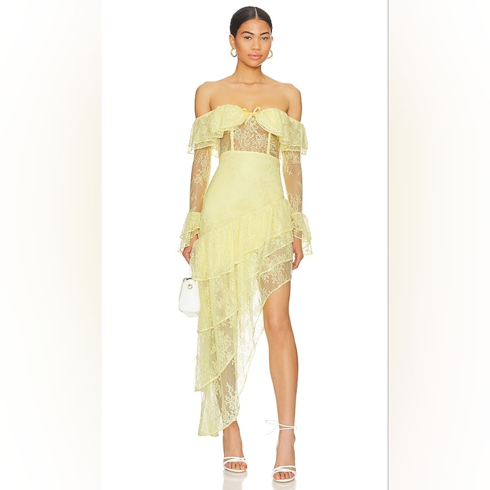 Revolve Majorelle yellow lace Tiered Ruffled off the shoulder hi lo maxi dress - Picture 8 of 8